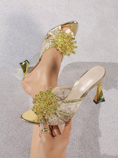 Jin Bei Qi Women's Criss-Cross Mesh Silver Rhinestone Pearl Flower Textured Comfortable High Heels, Suitable For Nightclub, Outdoor Events, Weddings, Formal Parties, Elegant Fashion
