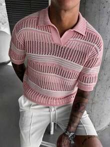 Men's Hollow Out Semi-Sheer Striped Knit Short Sleeve Polo Shirt, Comfortable Breathable Lightweight Knit Top For Casual Wear, Suitable For Vacation And Valentine's Day - Hồng - Xem 3