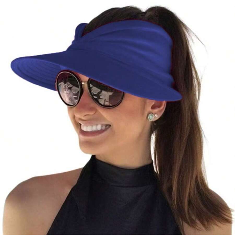 Women's Wide Brim Turban Visor With UV50+ Protection, Beach, Pool, Foldable, Adjustable, Summer - Navy Blue - View 1