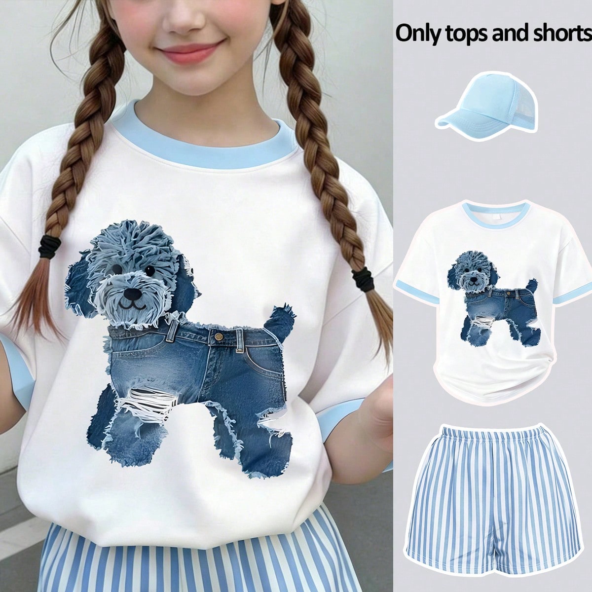 Piezas Conjunto lindo para niñas, camiseta suelta con estampado de perro Teddy emparejada con shorts a rayas, estilo casual de calle para el verano,