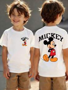 Disney Mickey Character Pattern Summer T-Shirt, Suitable For Boys And Girls To Wear For Holiday Parties, Dinners, Outdoor Play, Travel, And As A Children's Gift For Visiting Disneyland. - 白色 - 查看 1