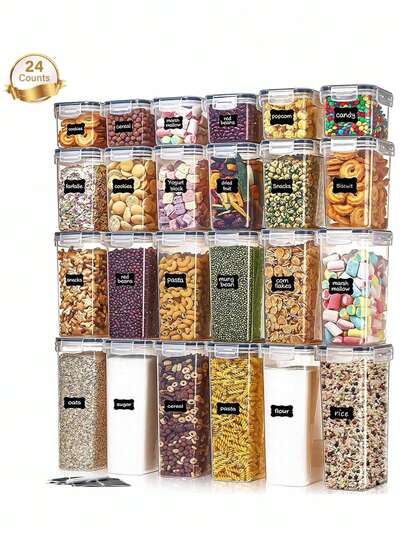 Bộ hộp đựng mì ống kín khí 24/16/8/4/1 món, hũ nhựa lớn, hộp đựng thực phẩm kín có thể xếp chồng lên nhau - có nắp khóa (4 kích cỡ), hộp đựng thực phẩm kín khí, lý tưởng để đựng ngũ cốc, bột mì và nguyên liệu làm bánh, thích hợp cho tủ đựng thực phẩm, tủ lạnh và ngăn kéo.