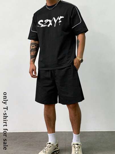 Camiseta de cuello redondo estampada para hombre, cómoda y transpirable de manga corta, adecuada para deportes de verano y uso casual, top negro