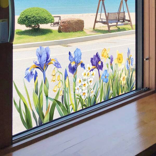 1 pieza Pegatina de ventana con iris y narcisos, combinación floral fresca, autoadhesiva fácil de aplicar, ilumina los bordes de la ventana con un ambiente de curación natural