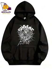 Black Hoodie |       Spider Web Graphic, 2000s Streetwear  Thickened Hooded Pullover With Pockets - 黑色 - 查看 7