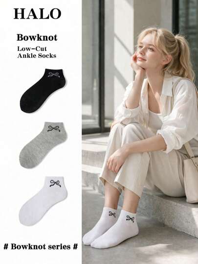 1/5 pares de calcetines tobilleros de estilo ballet de algodón transpirable con lazo decorativo, de color negro, blanco y gris a juego, versátiles para uso diario en primavera/verano