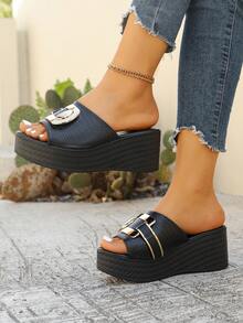 Sandalias de cuña con correa de cuero sintético texturizado negro para mujer, plataforma cómoda, versátil para uso casual, trabajo, fiesta, playa, verano - Negro - Ver 3