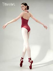 DonsGirl 1 pièce Justaucorps de ballet pour femme, tenue de danse - Maille élastique matelassée, col montant élégant, taille en velours, combinaison (avec soutien-gorge matelassé intégré) - Rouge foncé - Voir 10