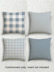4 件装浅蓝色格子单面印花抱枕套，清新简约风格，家居装饰沙发靠垫套，方形仿亚麻枕套，现代沙发装饰枕套，不含枕芯 - 淺藍色 - 查看 13