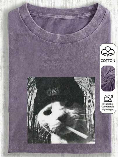 Funny Cat Print Short Sleeve T-Shirt, Unique Small Batch Design Women's Top, Washed Cotton T-Shirt, Casual Women's Clothing, Snowflake Pattern Fabric, Regular Comfortable Round Neck Casual Top, Vintage Distressed T-Shirt, Regular Women's Apparel, Spring/Summer Wear