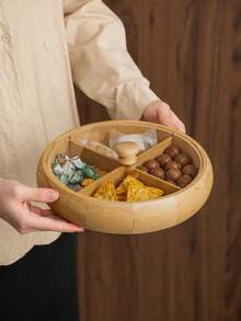 1个带防尘盖的木质托盘，分隔式圆形托盘，可用作咖啡厅甜点托盘、储物盘、蛋糕和小吃盘，适用于开斋节、情人节、中国新年等节日。 - 彩色 - 查看 2