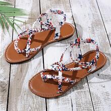 Women's Woven Strap Thong Beach Style Flat Sandals July 4th Independence Day Flag Print Comfortable Sandals - Red and White - View 6