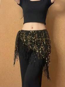 1pc Jazz Dance Waist Chain, Sequin Triangle Scarf For Beginner Hip Scarf Waistband, Street Fashion Accessories, Night Club Party, Festival Celebration, Stage Performance, Shiny Sexy Waist Wrap, Versatile Shawl Drape Summer Fall, Autumn, Halloween - Vàng đen - Xem 2