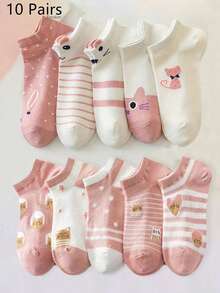1/5/10双装 女士低帮可爱卡通猫图案休闲日常学生风短袜 - 粉色 - 查看 5