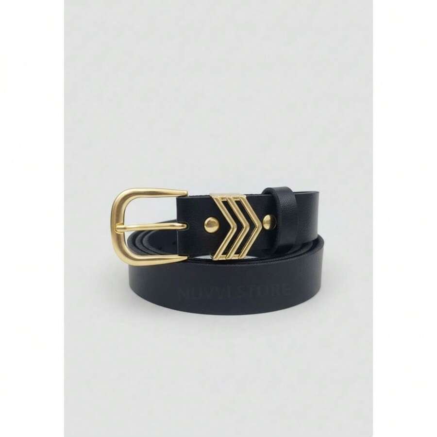 Women's Black Belt With Gold Buckle, Adjustable, Elegant Leather, , 110cm, Casual/Social - 黑色 - 查看 1