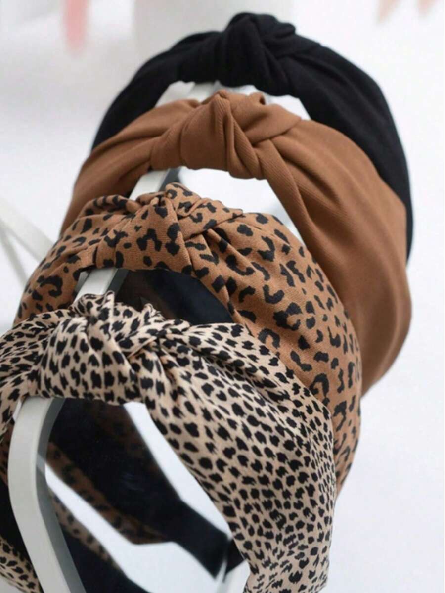 4pcs Leopard Print & Solid Color Casual Vintage Polyester Fiber Headbands, Knotted Middle Wide Edge, Suitable For All Seasons Hairband Hair Band Diadema Hair Hoop - Combination Colors - View 1