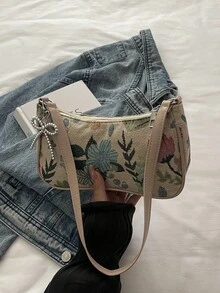 New Floral Embroidered Armpit Bag, Jacquard Weave Shoulder Bag, Niche Design Baguette Bag - Multicolor - View 6