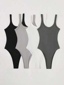 BASICS 4pcs/Set Women Solid Color Knit Bodysuit, Casual Style Brown/Summer - Nhiều màu - Xem 11
