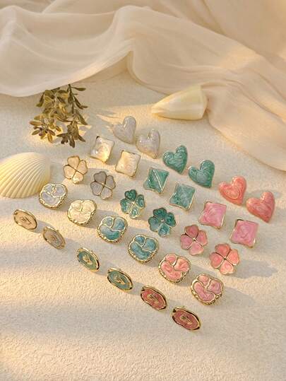 3对随机款式的不锈钢耳环，包括白色耳钉、绿色耳环、玫瑰红水滴耳环，展现个性——现代方形耳钉、青春四叶草耳钉、奢华椭圆形耳钉、浪漫心形耳钉、优雅不对称椭圆形耳环，防水防褪色，适合泳装、海滩度假、时尚穿搭、婚纱配饰——多功能首饰，可用于游泳、沐浴、运动等场合。