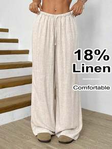 Solflare Plus Size Women Apricot Drawstring Waist Wide Leg Casual Pants Summer Pants,Business Casual Woman - 杏色 - 查看 6