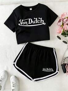 2pcs/Set Short T-Shirt Sporty Shorts Outfit Simple Letter Pattern Print Short Sleeve Top And  Girls Outfit Big Girls Summer Outfit Sets - màu đen - Xem 4