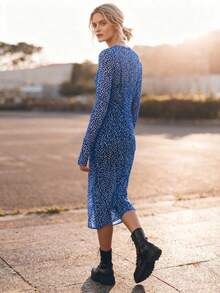 VIBEWAVE Vintage French Style Long Sleeve Dress, Slimming Sexy Sheer Vacation Flowy Round Neck Dress - Blue - View 3