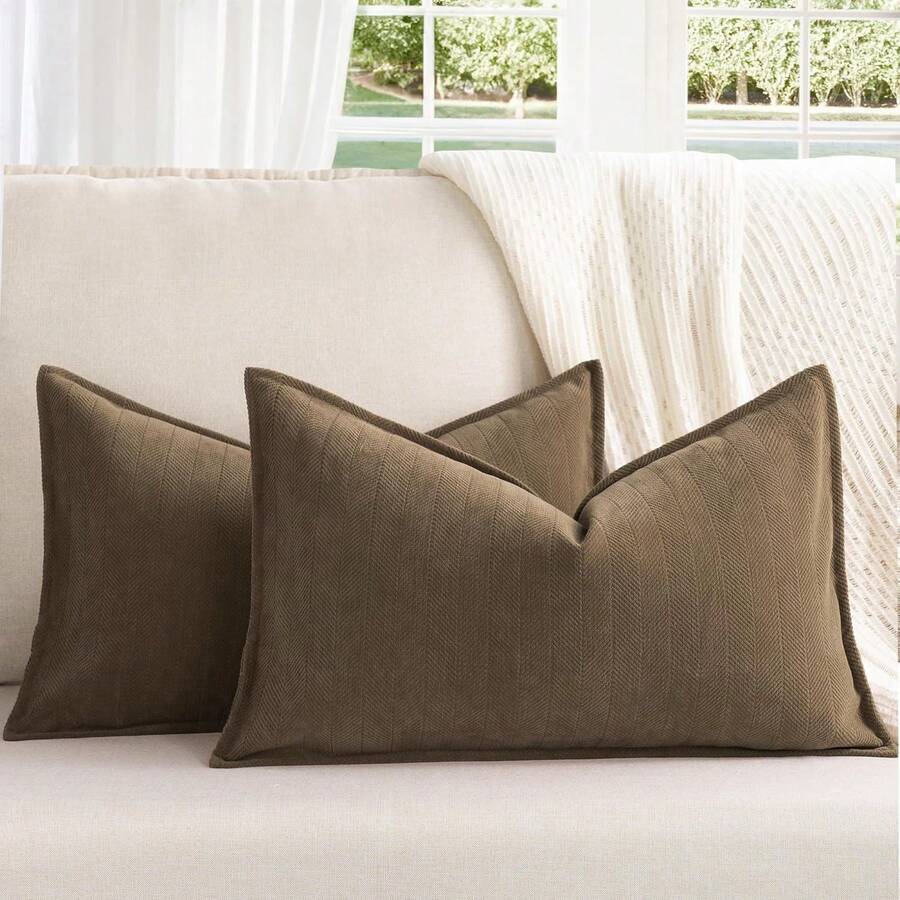 1pc Chenille Herringbone Pattern Throw Pillow Cover (Pillow Insert Not Included), Farmhouse Style Home Decor Sofa Cushion Cover, Solid Color Home Decoration Suitable For Bedroom, Balcony, Living Room, Dining Room - Coffee Brown - View 1