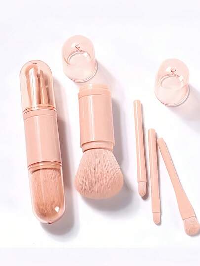 4件套四合一化妆刷套装，包含高光刷、迷你眼影刷、伸缩杆化妆刷、便携式迷你粉底刷，女士化妆刷套装