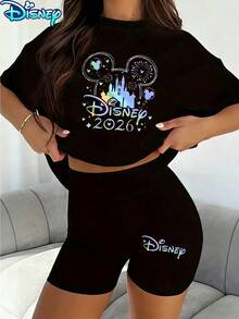Disney Mickey 2026 Castle Iridescent Printed Two-Piece Set, Women's Casual Black Short Sleeve T-Shirt And Shorts Set, Fantasy Style Character Printed Tee And Shorts Set, Ideal For Daily Wear - 黑色 - 查看 1
