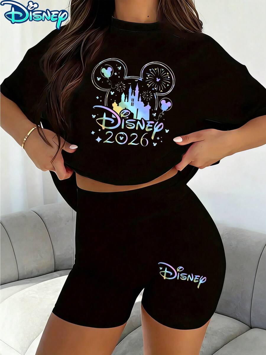 Disney Mickey 2026 Castle Iridescent Printed Two-Piece Set, Women's Casual Black Short Sleeve T-Shirt And Shorts Set, Fantasy Style Character Printed Tee And Shorts Set, Ideal For Daily Wear - 黑色 - 查看 1