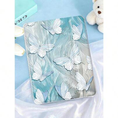 1pc Misty Blue Iridescent Butterfly Textured Painted Tablet Case, Compatible With Mini 4/5/6/7, Air/Air2, 9.7/10.2/10.5, Air 4/5, Pro 11-Inch, 10th Gen, Air 11-Inch (M3) 2025, (A16) 11-Inch 11th Gen 2025, Galaxy Tab A8 10.5-Inch 2022. Features: Built-In Pencil Slot, Tri-Fold Stand, TPU Soft Edge Protection, Magnetic Sleep/Wake, Premium/Personalized/Healing/Unique Tablet Folio Case
