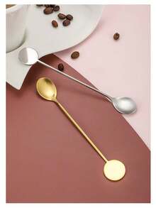 1/5pcs Stainless Steel Coffee Spoon, Round Disc Long Handle Ice Cream Spoon, Style Honey Stirring Spoon, Bar Cocktail Mixing Spoon - View 1