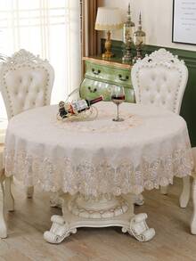 HXARTMIS 1 Stück luxuriöse, elegante beige Tischdecke mit floraler Stickerei und Kante, dekorative runde Tischdecke für den Esstisch, schützende runde Tischdecke - Weiss - Übersicht 14