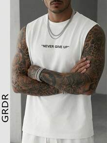 GRDR 男士极简印花休闲宽松圆领背心，百搭夏季街头服饰 - 白色 - 查看 3