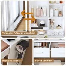 Small White Dressing Table With Mirror / Modern Dressing Table / Adjustable LED Lighting & Socket / Includes Upholstered Stool, Hidden Storage & Shelf / Easy To Assemble / Suitable For Bedrooms And Dressing Rooms, W60/H136/D36cm. - White - View 7