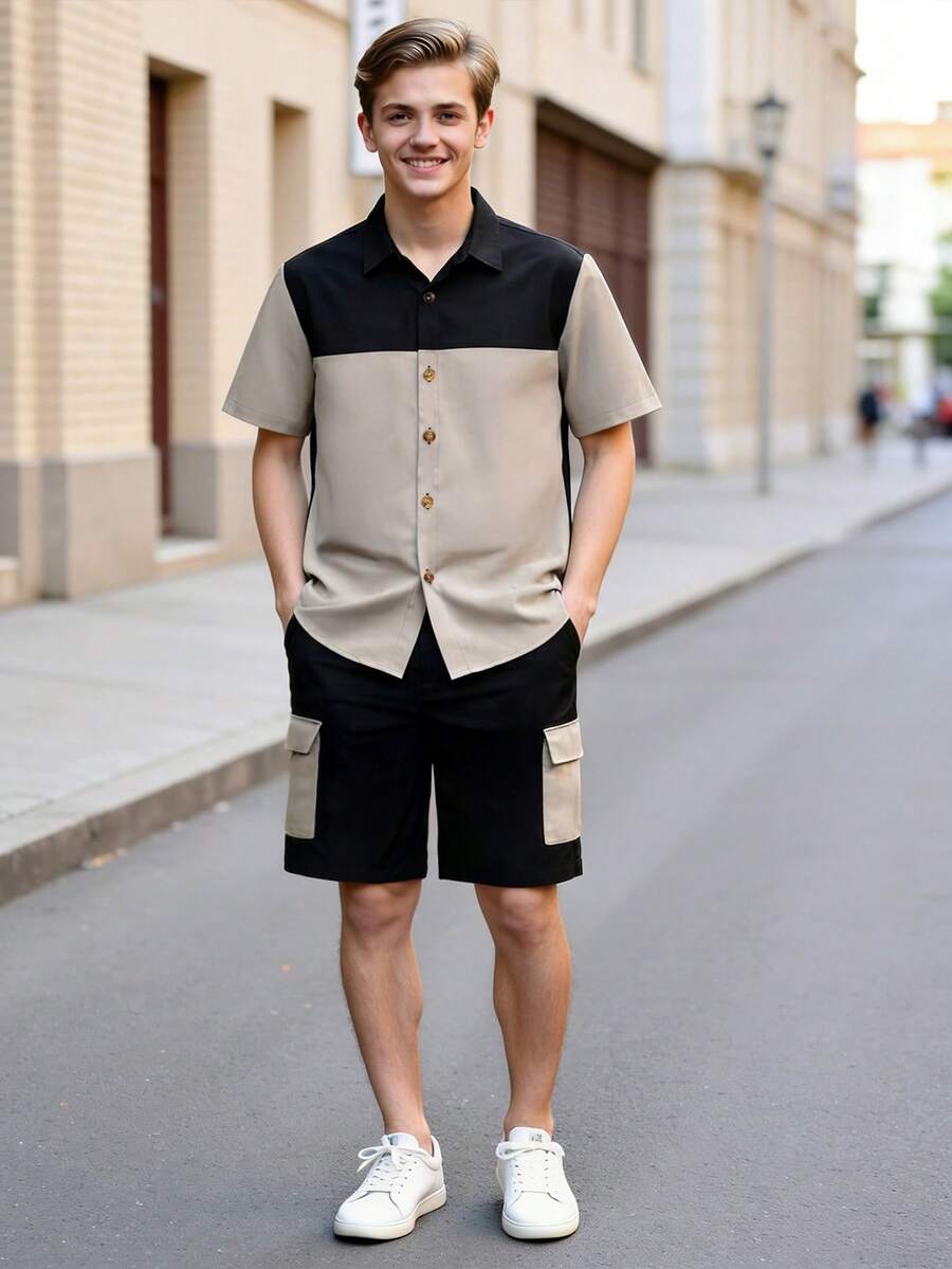 两件套青少年男童春夏短袖短裤套装，通勤风黑色和卡其色撞色设计，木质纽扣+工装口袋，简洁利落，适合上学、通勤、周末外出——稳重时尚的青少年服装 - 杏色 - 查看 1