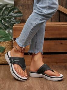 Women's Minimalist Flip Flops, Hook And Loop Strap Casual Slip-On Beach Sandals For Summer - Black - View 5