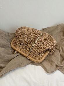 Women's Beige Straw Woven Frame Clutch Bag, Boho Raffia Handbag, Casual Beach & Vacation Purse For Summer - 卡其色 - 查看 9