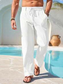 Mens Linen Cotton Casual Pants Elastic Waist Drawstring Lightweight Pants Loose Fit Summer Beach Yoga Trousers - 白色 - 查看 4