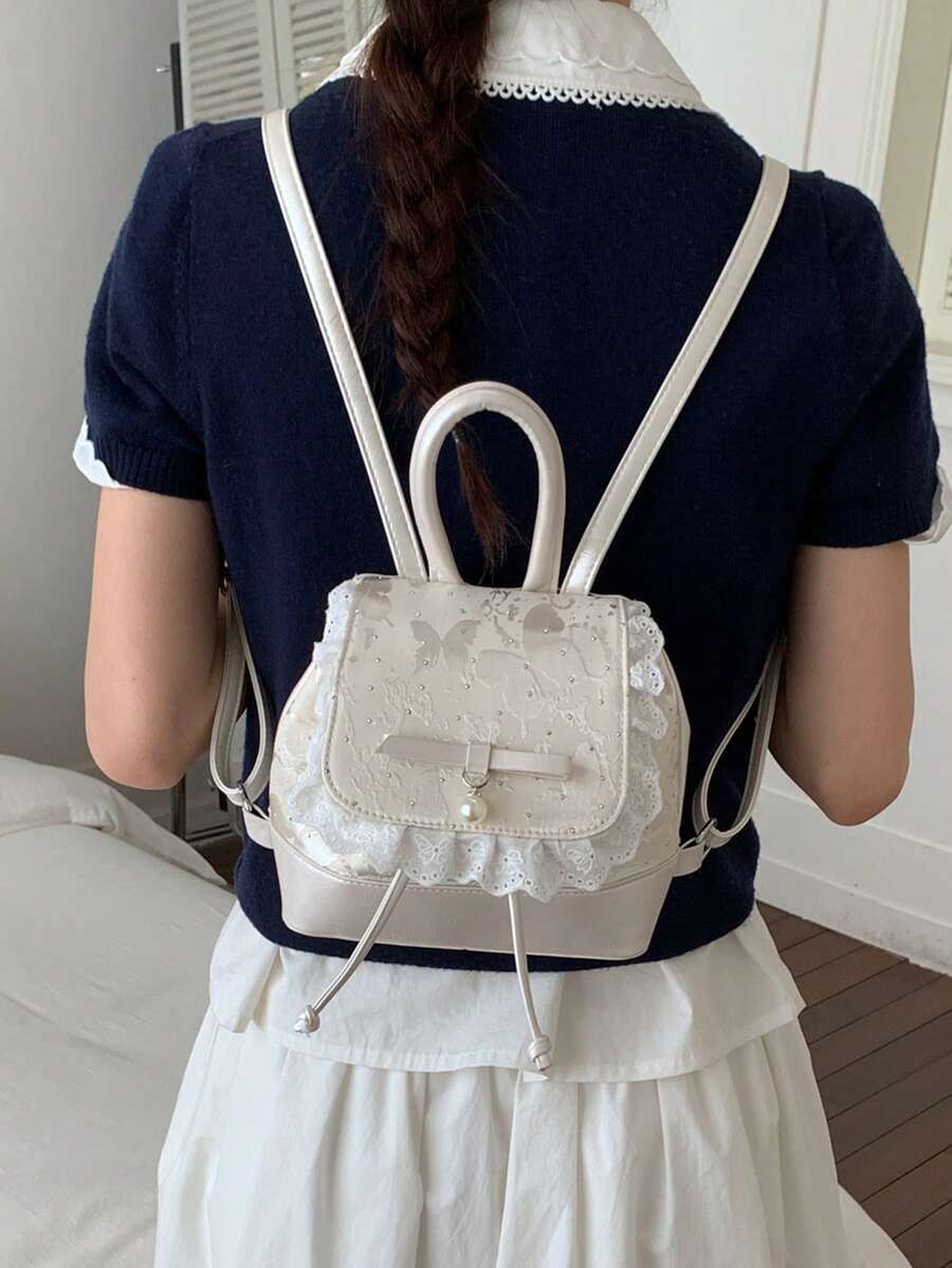 Cute Bow Lace Strap Girly Feeling Backpack, Elegant Small Backpack - Beige - View 1