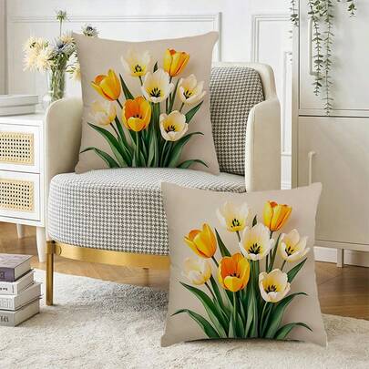 Bộ 2 vỏ gối trang trí họa tiết hoa tulip tối giản, có thể giặt máy, khóa kéo, thiết kế in trang trí, phù hợp trang trí nhà cửa và văn phòng (Không bao gồm ruột gối) (Không thêu)