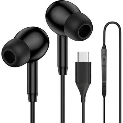 USB-C 有线耳机，HiFi 立体声 Type-C 耳机，带麦克风，降噪功能，兼容三星 Galaxy S25/S24/S23，柔软硅胶材质，防缠绕编织线，符合人体工学，佩戴舒适，通话清晰，亮黑色