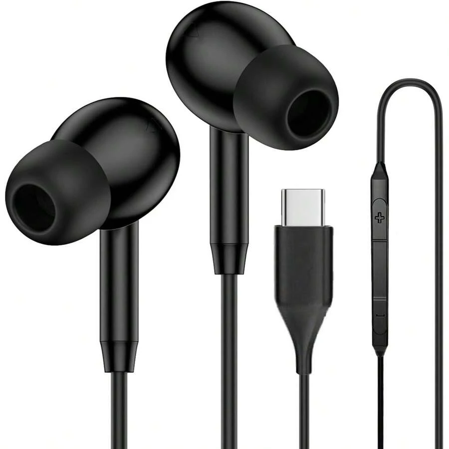 USB-C 有线耳机，HiFi 立体声 Type-C 耳机，带麦克风，降噪设计，兼容三星 Galaxy S25/S24/S23，柔软硅胶材质，防缠绕编织线，符合人体工学，通话清晰，哑光黑 - 查看 1