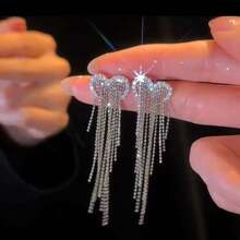 Elegant Heart Shaped Tassel Dangle Earrings | Sparkling Zirconia Fringe Earrings | Wedding & Prom Accessory For Ladies - Silver - View 3