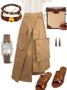 Women's Solid Color Asymmetric/Asymmetrical Casual Skirt, Suitable For All Seasons, Black Cargo Skirt Spring - Khaki - View 5