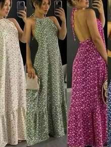 Women's Backless Halter Dress With Padded Cups H-6 - Fresh Green - View 2
