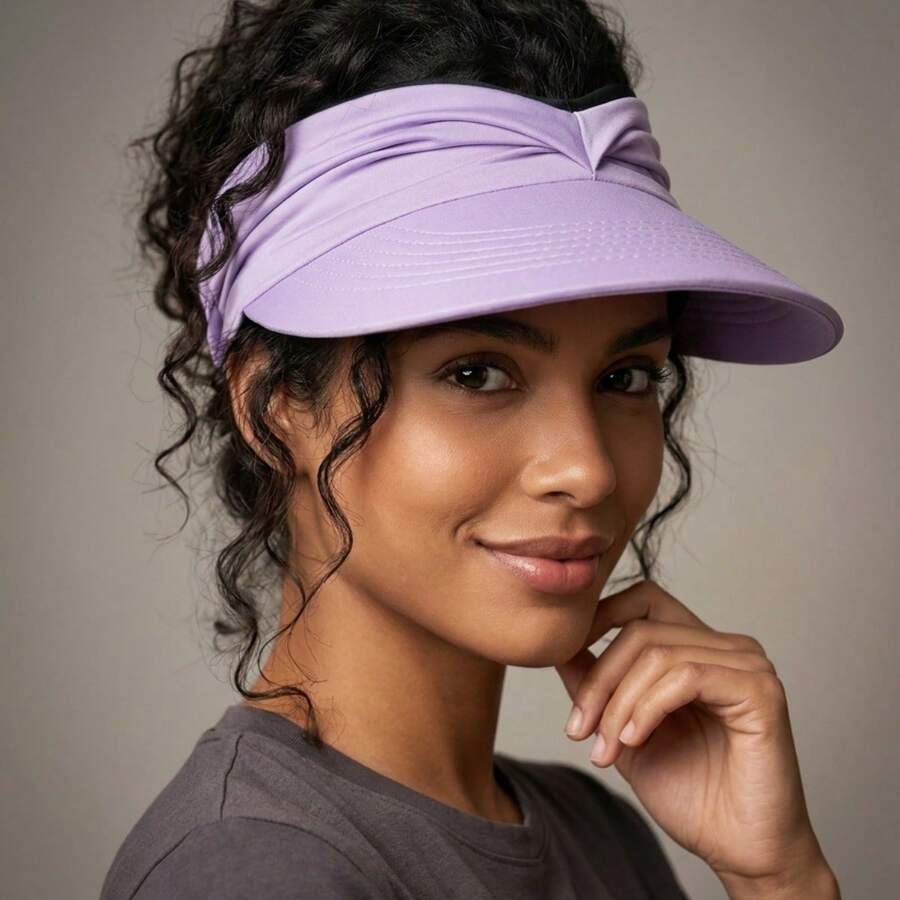 Viseira Turbante Feminina Aba Larga Com Proteção UV50+ Praia Piscina Dobrável Ajustável Verão - Lavanda - Visão 1