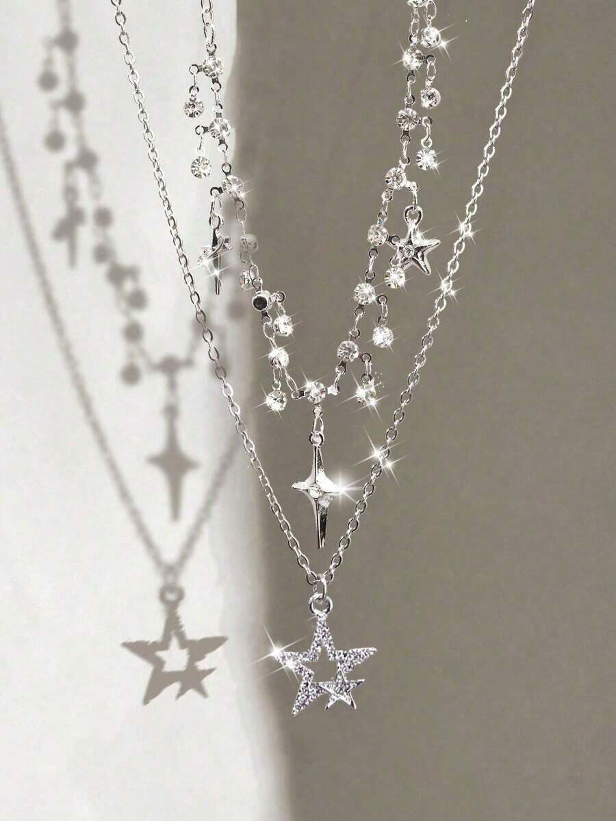 2pcs Rhinestone Star & Cross Tassel Pendant Necklaces, Bling Zirconia Gothic Delicate Y2K Layered Choker Necklaces For Women - 銀色 - 查看 1
