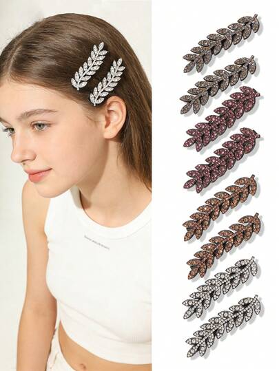 8个简约小麦耳镶钻发夹，闪亮优雅的侧刘海发夹，适合丸子头、马尾辫、休闲外出、上学、日常佩戴，多功能女孩发饰