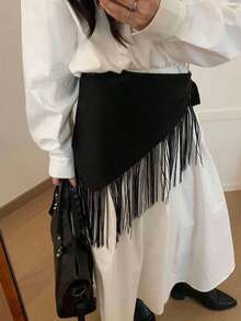 Elegant Triangular Scarf With Wide Waistband For Women, Fashionable  With Rose Print And Tassel Decoration - 暗金三角巾寬腰封 - 查看 8